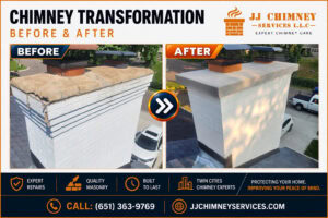Before and after images of chimney repair projects by JJ Chimney Service