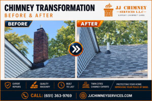 Before and after images of chimney repair projects by JJ Chimney Service