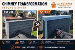 Before and after images of chimney repair projects by JJ Chimney Service