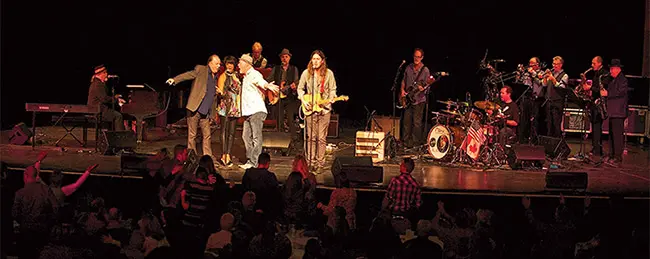 Last Waltz – A Musical Celebration of The BAND. (L TO R) Lance Anderson, Chuck Jackson, Coco Larain, Johnny Max, Rob Gusevs, Terry Blersh, Matt Weidinger, Russ Boswell and Jerome Levon Avis. (image borrowed from article By Cece M. Scott cecescott.com)