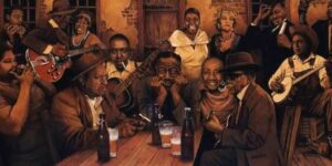 Artist rendition of patrons in southern bar