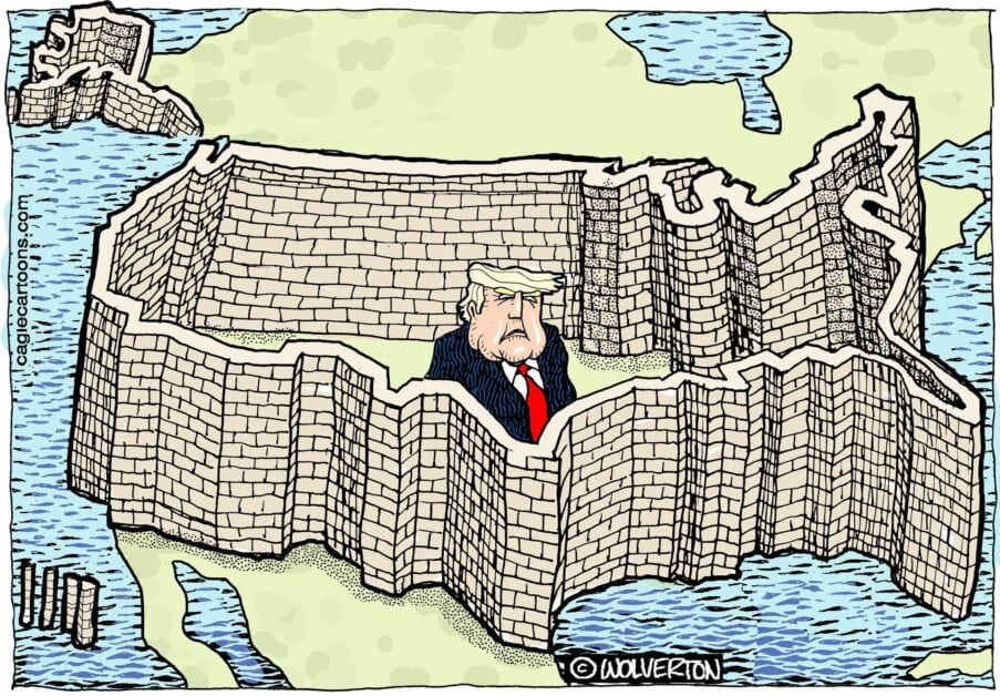 A cartoon showing the USA wall around Trump