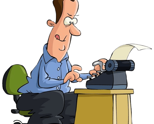 a cartoon depicting a writer at his typewriter working away