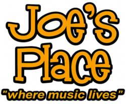Logo for Joe's Place featuring large orange outlined text and the tagline 'where music lives' on a dark speckled background.