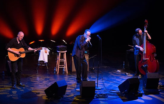 Three musicians perform on a dim stage with red and blue lighting: guitarist left, vocalist center, double bassist right.