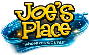 Logo for Joe's Place, a music venue, with gold lettering and a blue musical swirl; motto 'where music lives'.