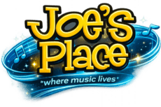 Logo for Joe's Place with yellow lettering and blue musical swirl, tagline 'where music lives'