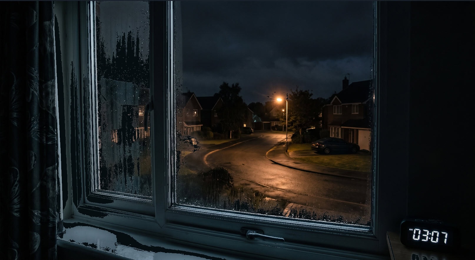 A dark, quiet neighborhood seen through a rain-covered window at 3:07 in the morning