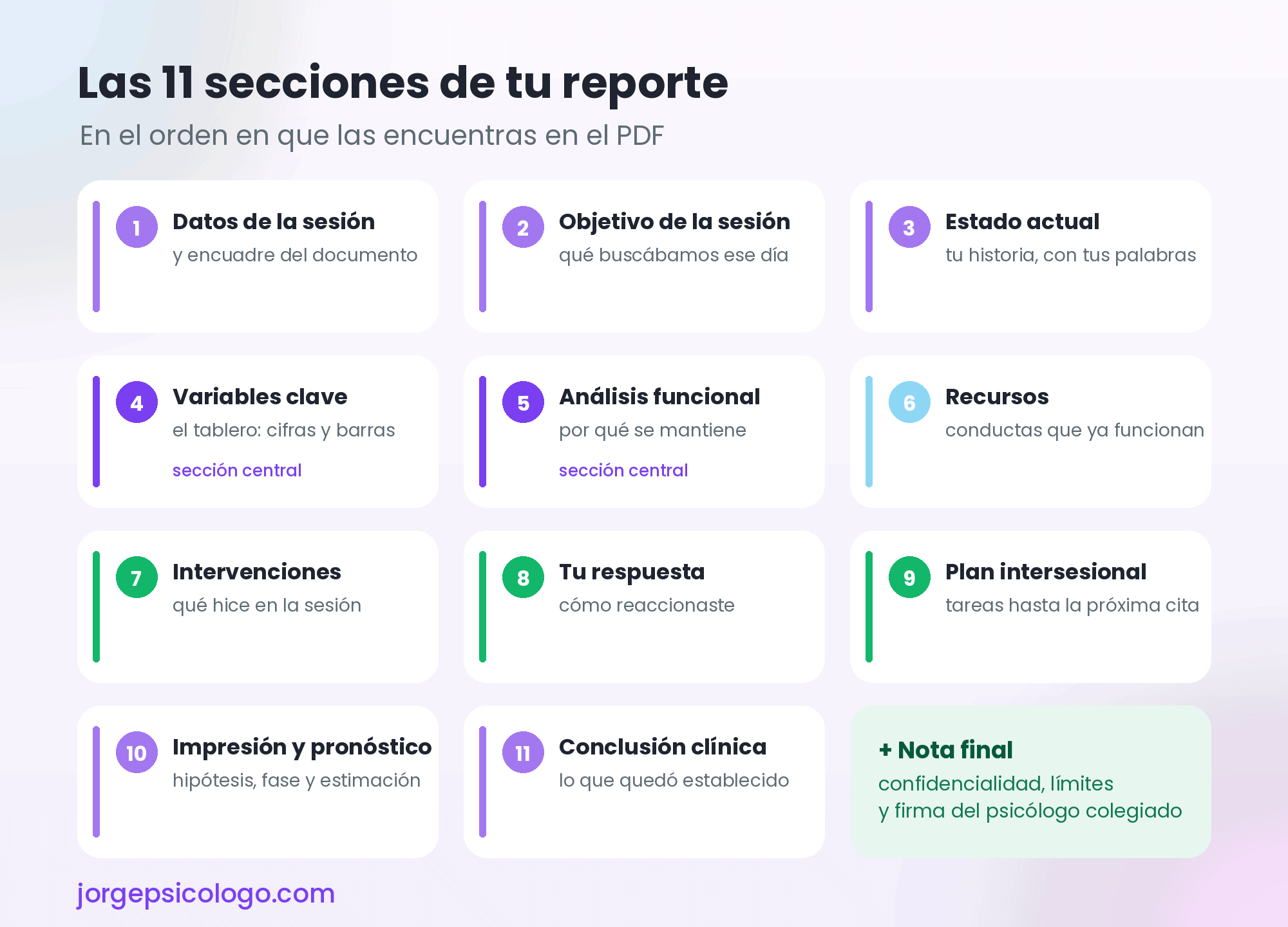 Mapa de las 11 secciones del Reporte Psicológico Clínico-Legal