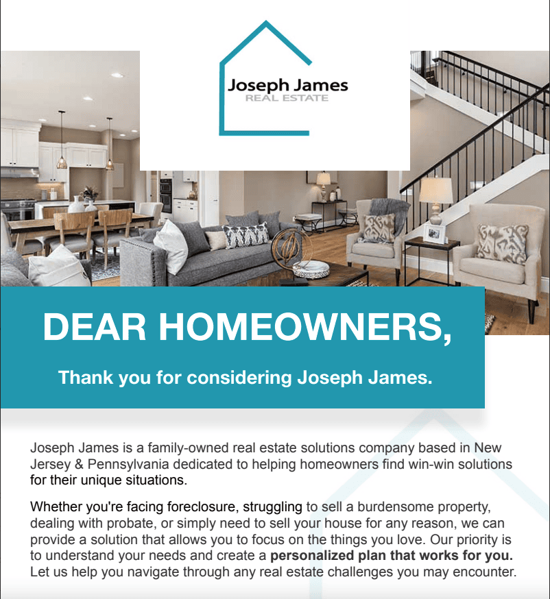 Joseph James Real Estate credibility package featuring solutions for homeowners in NJ and PA, including foreclosure assistance, probate support, and personalized real estate services.