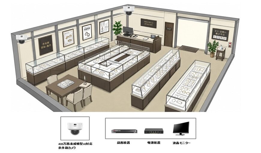 【貴金属販売店】AI監視カメラシステムの防犯設備設置図面