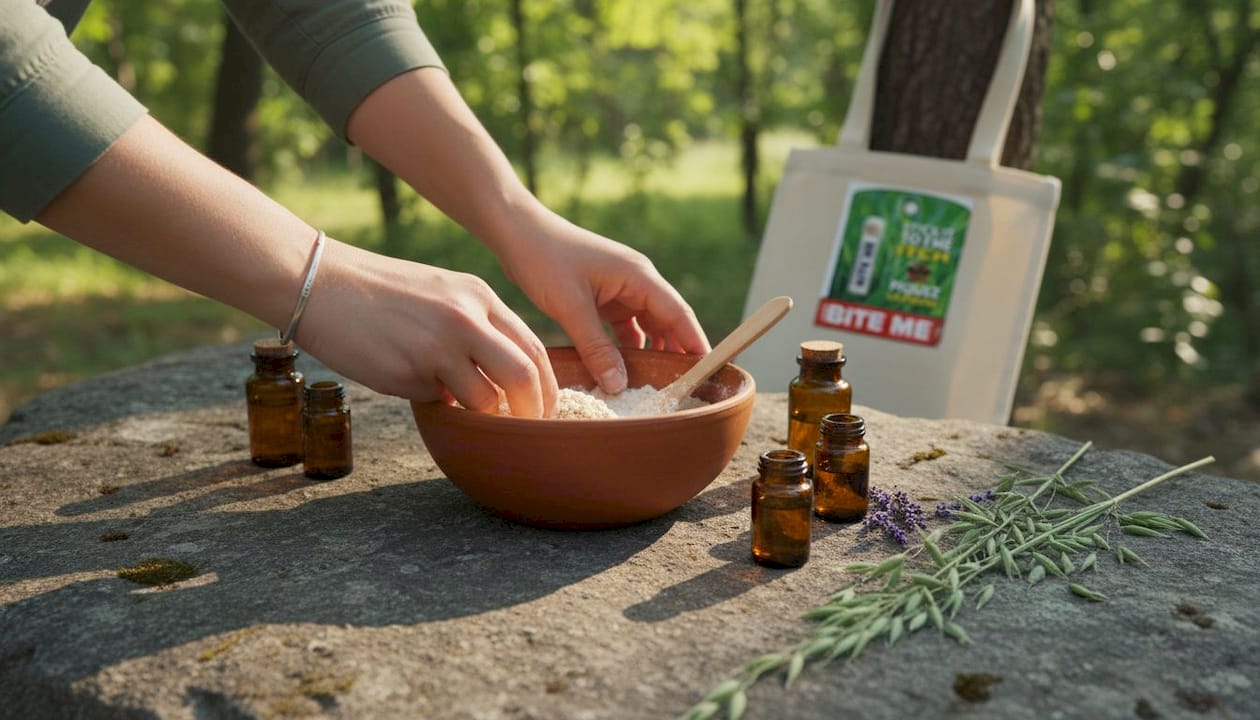 Hands mixing natural bug bite remedy ingredients