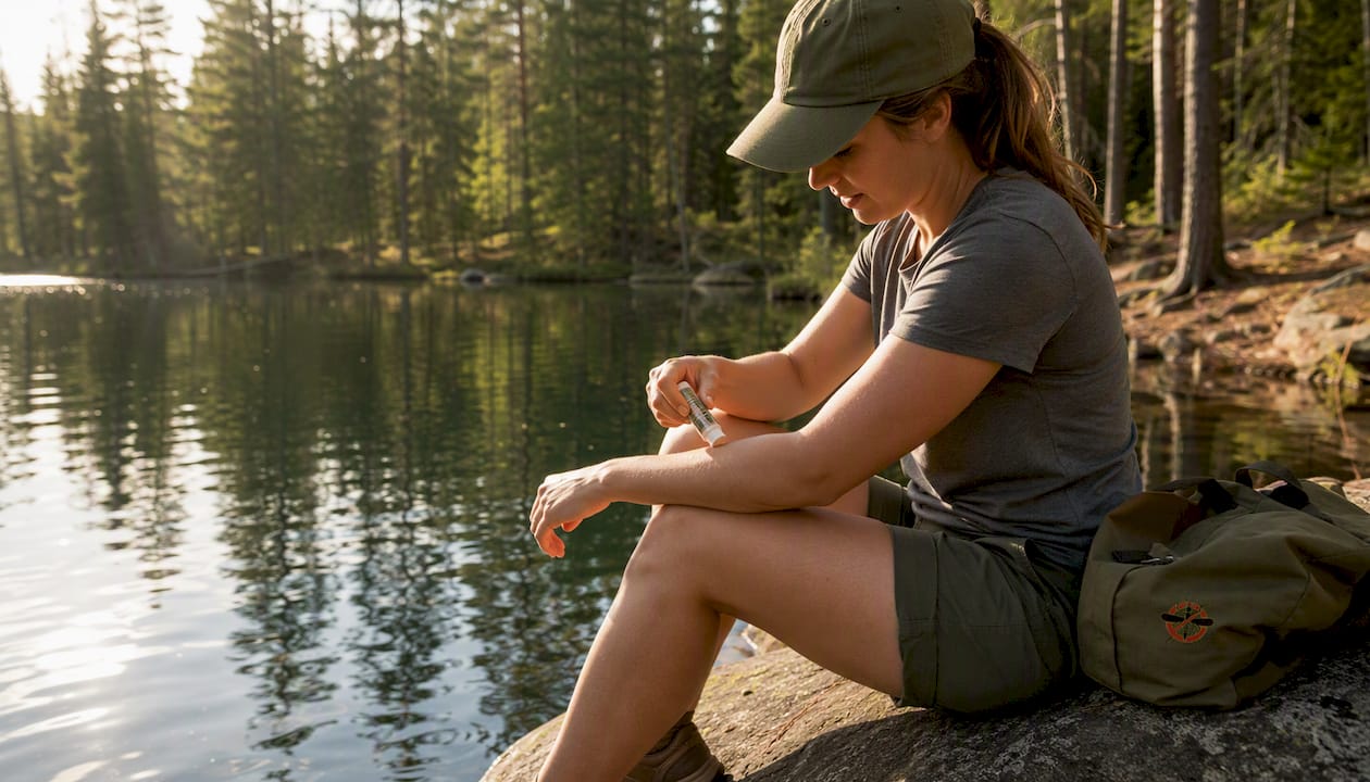 Hands applying balm stick on outdoor picnic table