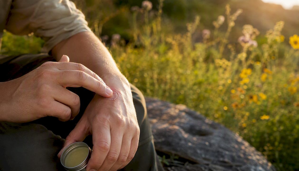 Applying natural balm on forearm in forest
