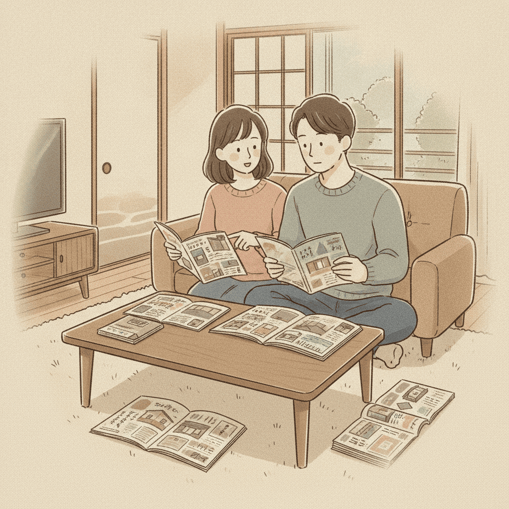 若い夫婦が住宅情報誌やパンフレットを広げてリビングで話し合っている様子。文字なしイラスト