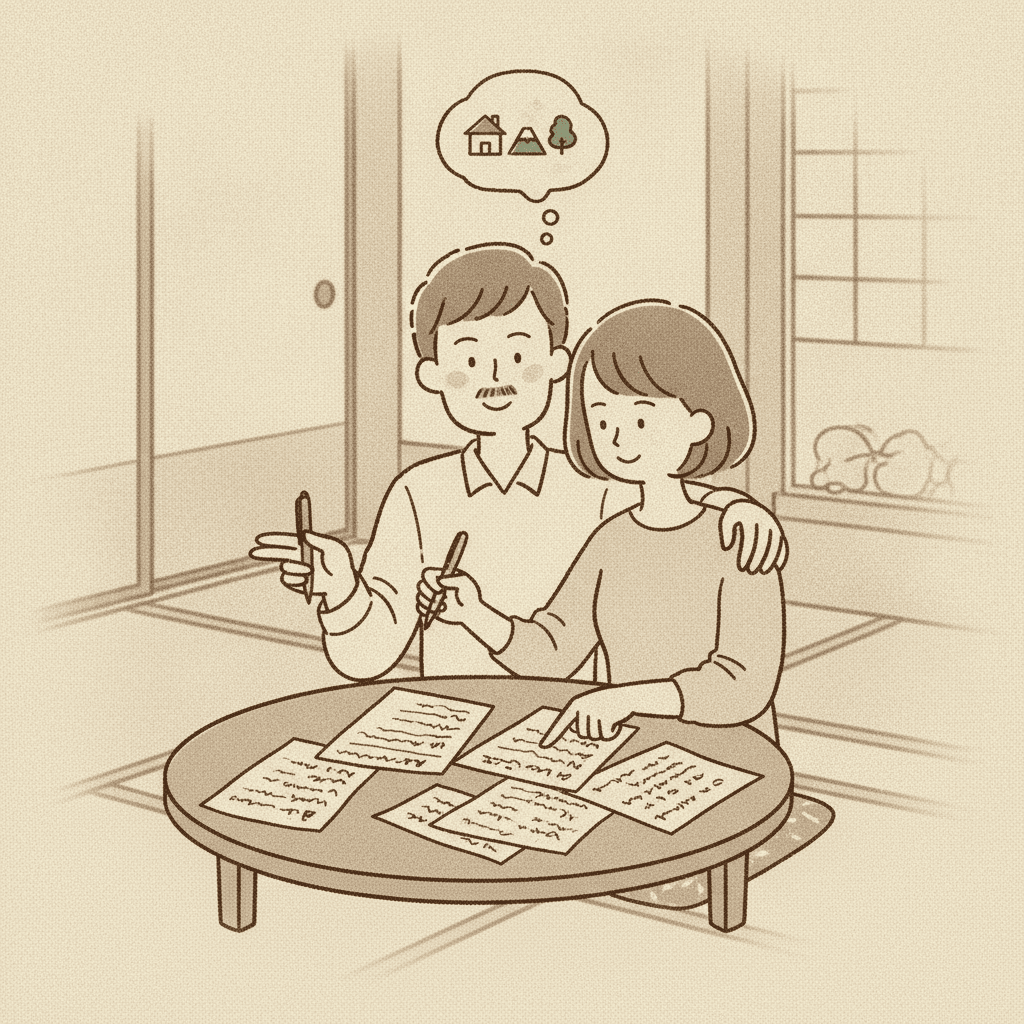 小さなテーブルに紙を広げて、夫婦が「譲れないもの」を話し合いながら書き出している様子。ノスタルジックな雰囲気