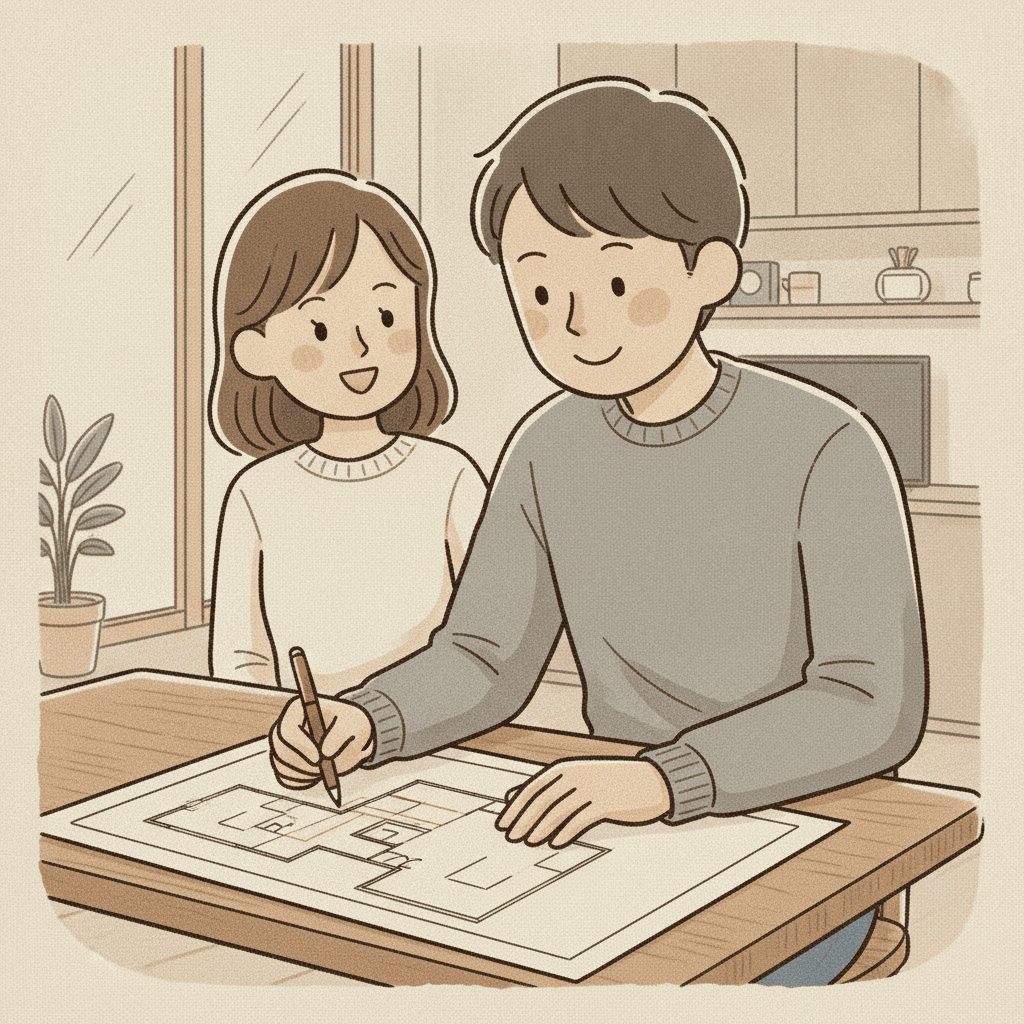 テーブルに広げた白黒コピーの間取り図に、若い夫が赤ペンで線を書き足し、隣の妻が楽しそうに見つめている。間取り図はテーブルに置かれて二人の方を向いている。二人とも上半身全体が見える