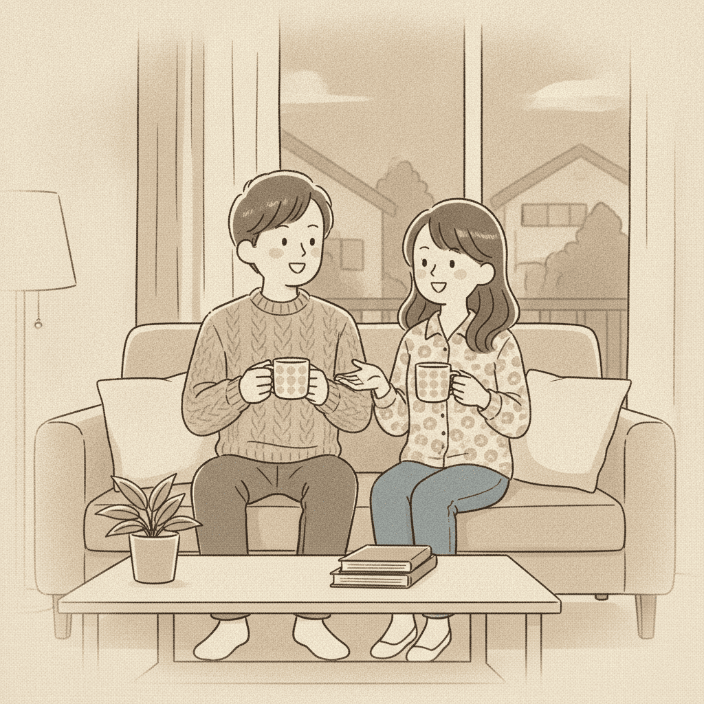 夕方のリビングで、30代前半の若い夫婦がソファに並んで座り、マグカップのお茶を飲みながら笑顔で家の話をしている穏やかな場面。ノスタルジックな雰囲気