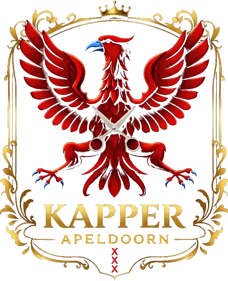 Logo van Kapper Apeldoorn in rood, zwart en goud