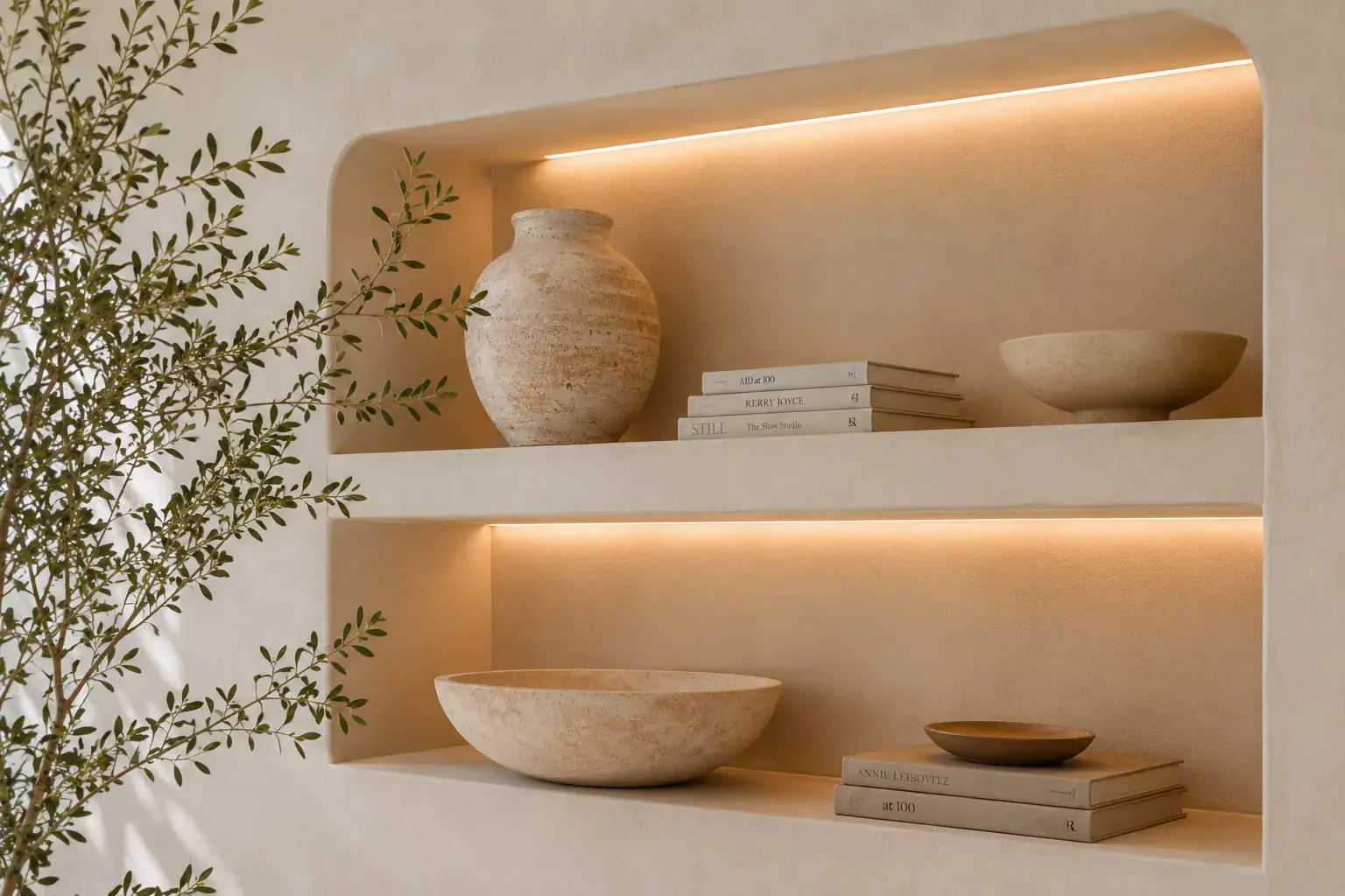 Hornacinas iluminadas con tira LED, jarrones de piedra y libros decorativos de diseño residencial.