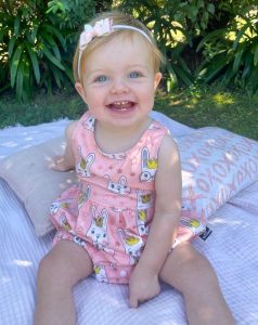Baby Festival Cotton Romper in Peach Bunny Print. Australian handmade children's clothing by Karousel Kids