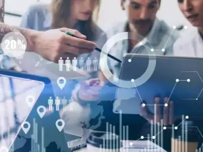 Concept of digital diagram,graph interfaces,virtual screen,connections icon on blurred background.Coworking team meeting