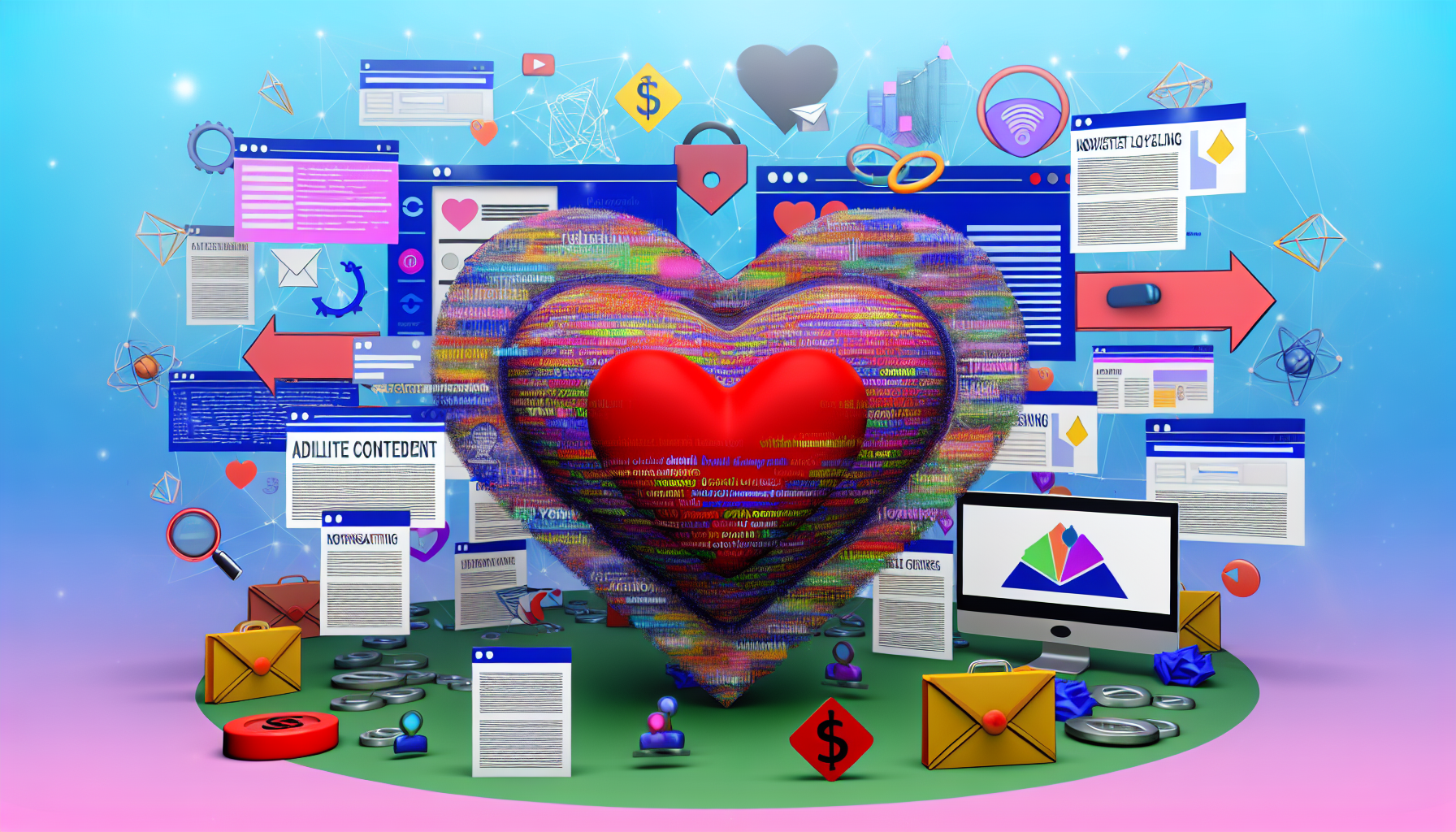 Erstellen Sie ein Bild, das das Konzept darstellt, dass "Inhalte das Herz des Affiliate-Marketings sind." Die Szene sollte ein großes, stilisiertes Herz im Zentrum einer digitalen Landschaft zeigen. Das Herz ist gefüllt mit bunten Textinhalten, Newsletter-Layouts, Entwürfen von Blogbeiträgen und SEO-Keywords. Um das Herz herum befinden sich verschiedene illustrative Elemente des digitalen Marketings sowie Symbole des Affiliate-Marketings, wie Computerbildschirme, die Einkaufswebsites anzeigen, Verkaufsdiagramme, Dollarzeichen und Linkketten. Verwenden Sie lebendige und energetische Farben, um die dynamische Natur des Feldes zu betonen.