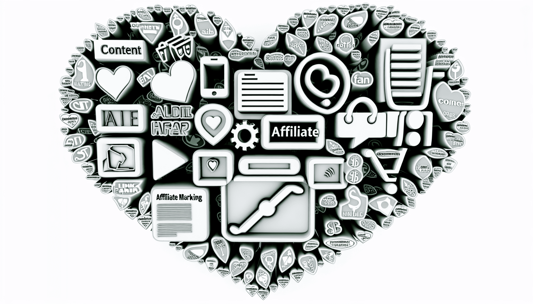 Erstellen Sie ein Bild, das symbolisch die Aussage 'Inhalt ist das Herz des Affiliate-Marketings' darstellt. Dies könnte physische Darstellungen des Konzepts umfassen, wie ein herzförmiges Objekt, das mit verschiedenen Arten von digitalen Inhalten gefüllt ist (z. B. Video, Audio, Text, Bilder) und Symbole des Affiliate-Marketings wie Linkketten, Einkaufswagen oder Geldzeichen.