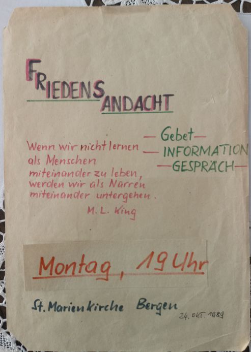 Plakat für 1. Friedensandacht in Bergen am 24.10.1989