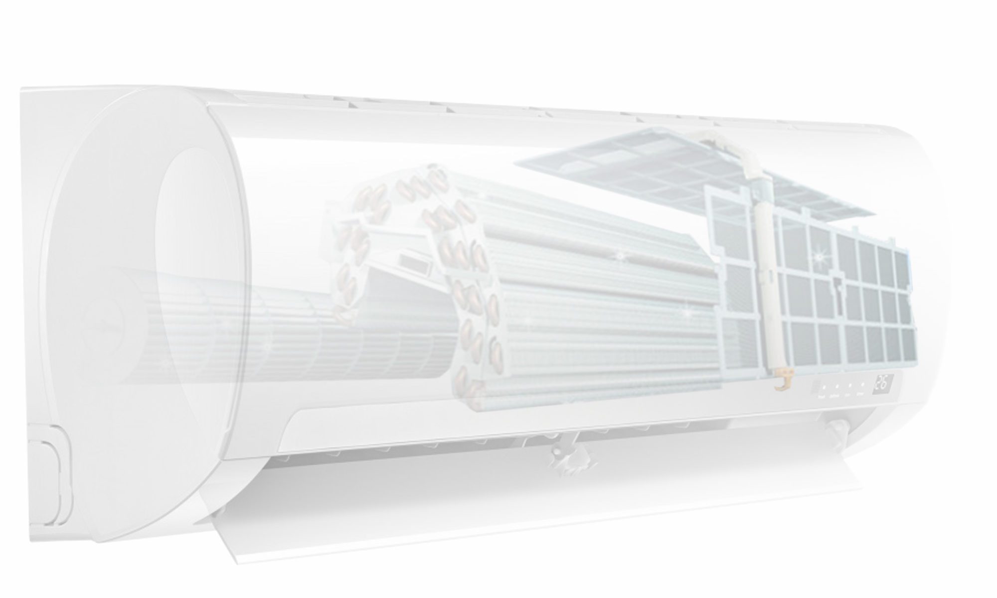 Zatvoren klima-uređaj sa prikazom kako stoje turbina i isparivač