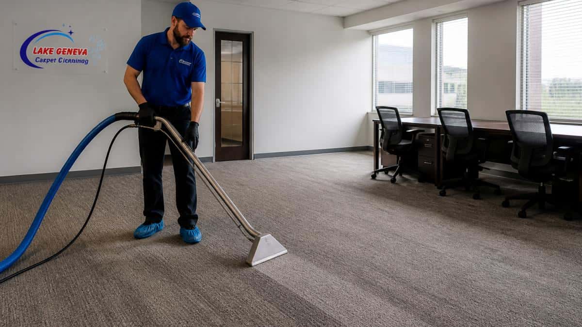 A carpet cleaning technician guiding a hot water extraction wand across the carpet of an empty office suite, desks pushed to one side, natural light coming through the windows