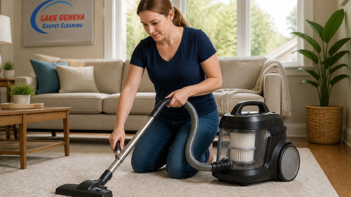 A homeowner kneeling on a carpeted living room floor, running a vacuum with a visibly sealed canister and HEPA filter housing, bright natural light through a window, clean and tidy home interior