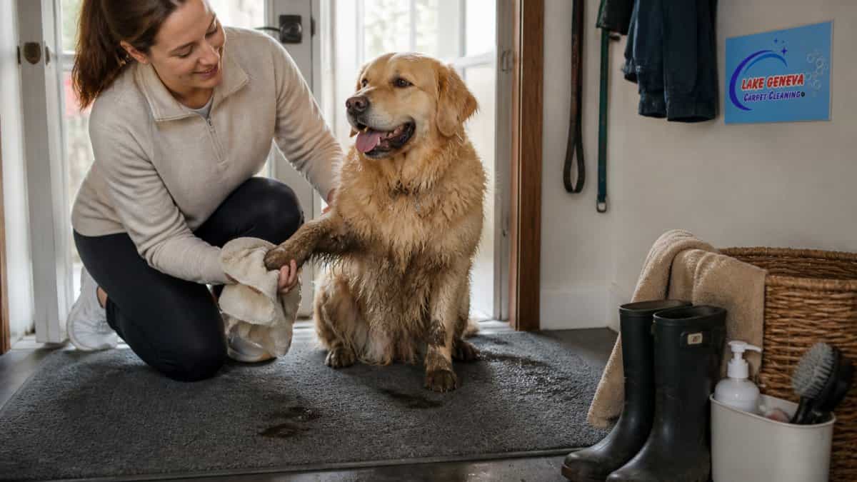 Person wiping a dog's muddy paws with a towel at an entryway, with cleaning supplies and an absorbent mat visible on the floor