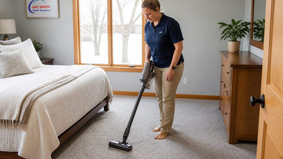 Homeowner using a cordless vacuum on bedroom carpet to prevent dust mite buildup