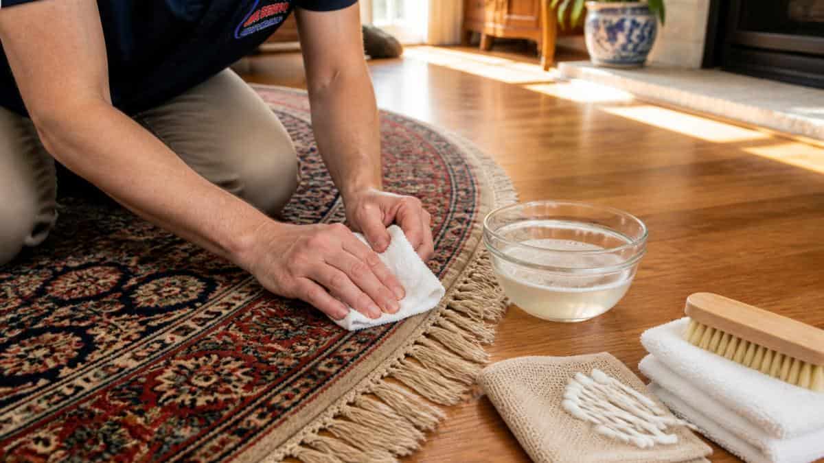 Close-up of a person's hands gently blotting the fringe of an antique Persian rug with a white absorbent cloth, a small bowl of diluted cleaning solution nearby on a hardwood floor in a sunlit living room