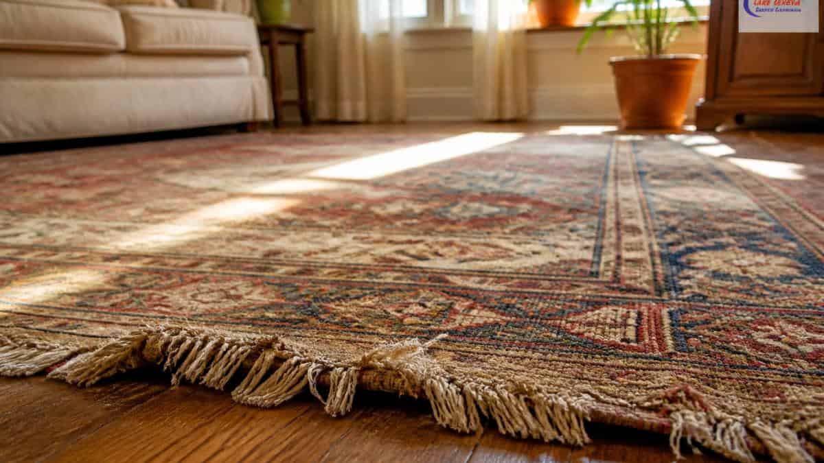 Close-up of a frayed wool rug edge with worn fringe and faded color resting on a hardwood floor in a sunlit living room