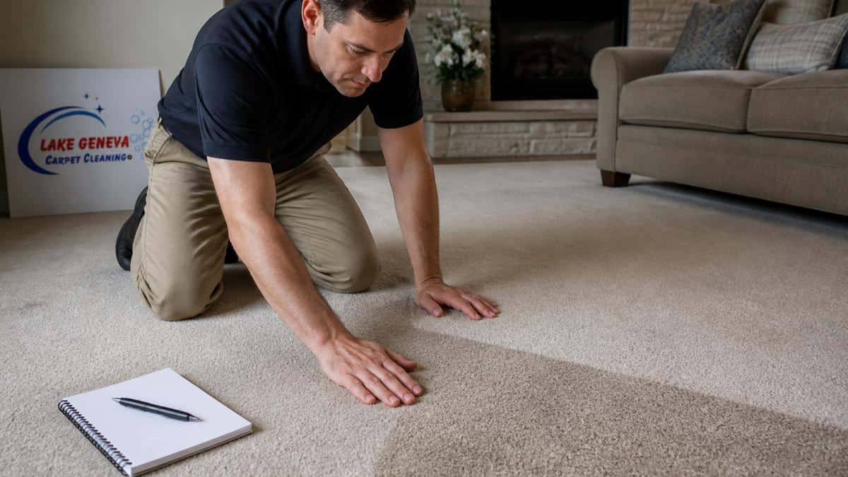 Close-up of a homeowner kneeling on a living room carpet, running a hand across a dull patch next to a brighter area, with a notebook and pen resting on the floor beside them