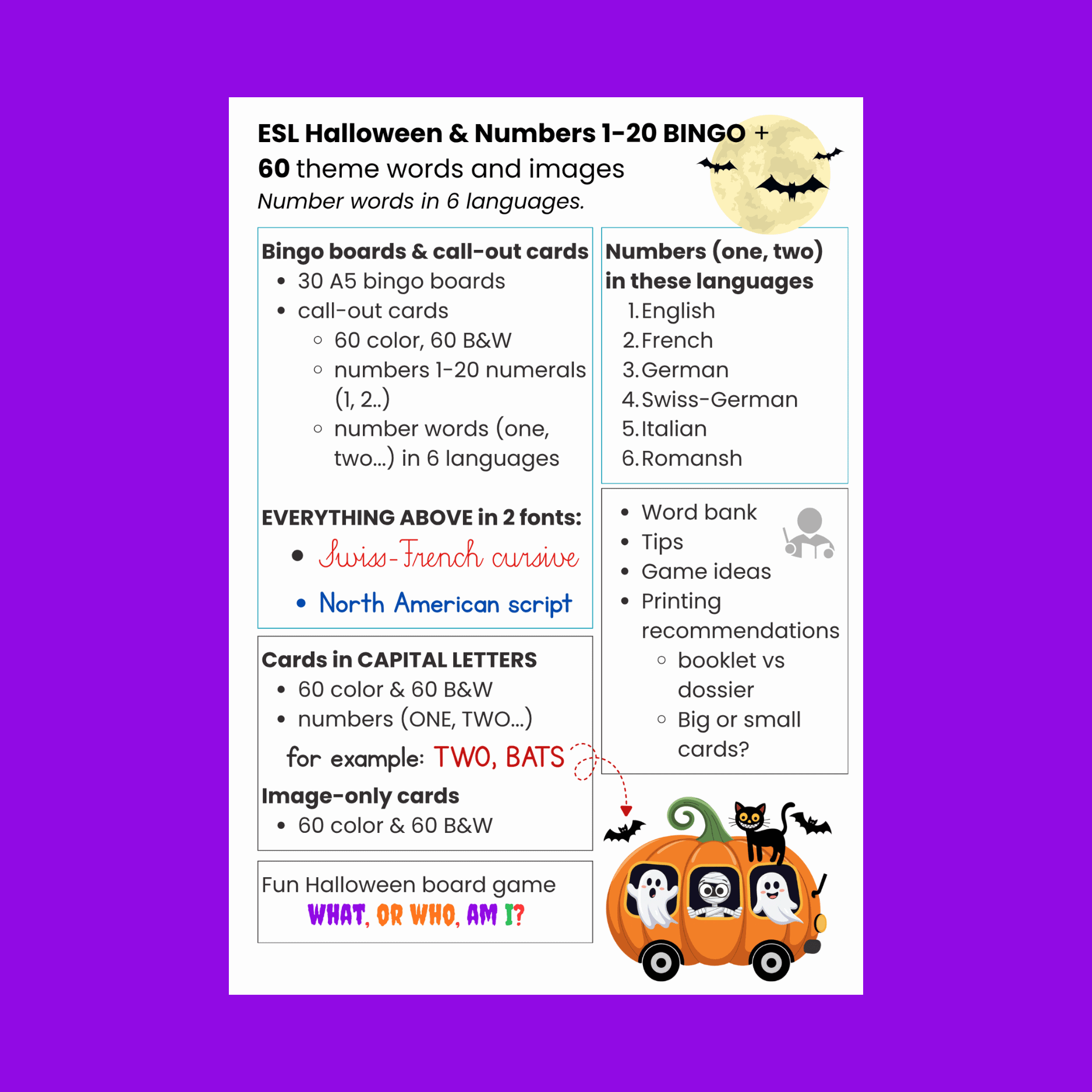 halloween multilingual numbers bingo swiss cursive font