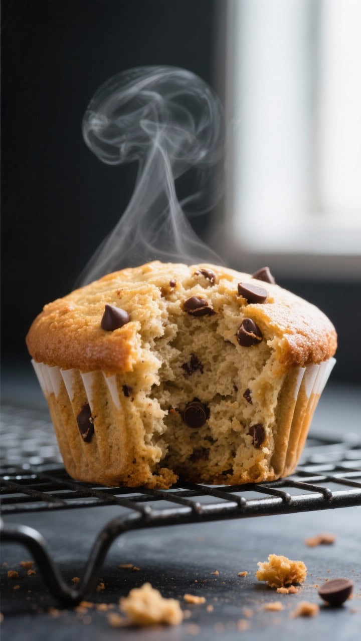Close-up detail: A just-baked banana peanut butter protein muffin torn open on a wire rack, steam so