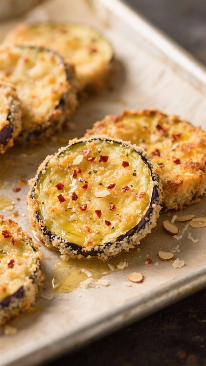 Close-up detail: Golden, oven-baked eggplant rounds coated in almond flour and Parmesan, edges deepl