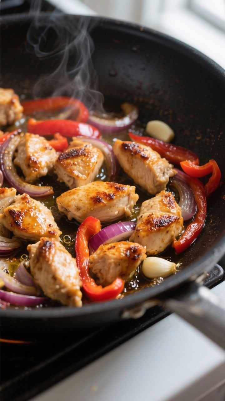 Close-up detail: Searing bite-size chicken pieces in a large skillet, golden-brown edges with light 