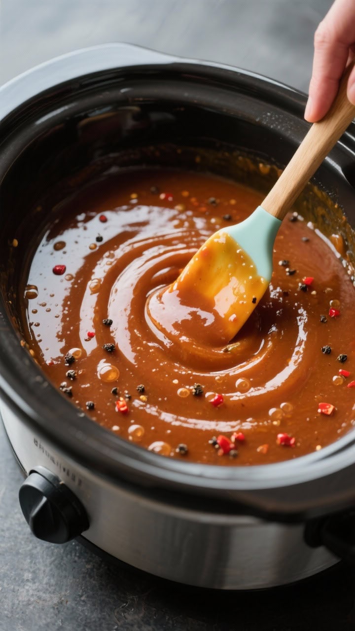 Cooking process beauty shot: Thickening the sauce in the slow cooker—silky honey-soy-ketchup glaze
