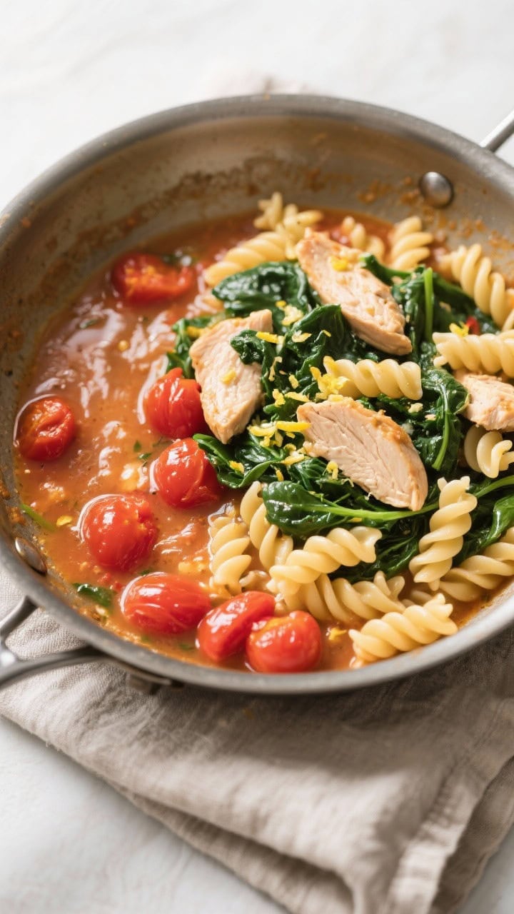 Cooking process: Overhead shot of the sauce-building stage—burst cherry tomatoes releasing juices 