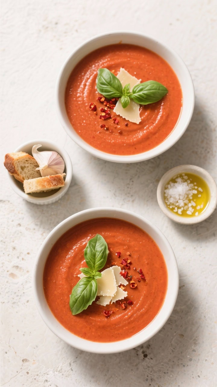 Tasty top view, overhead scene: Overhead shot of two bowls of creamy keto tomato basil soup on a light st