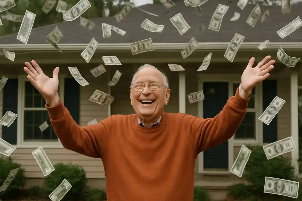 Glücklicher Senior vor seinem Haus, über den Geldscheine regnen – Ergebnis einer Top-Beratung der Leibrenten-Börse zu Leibrente Angeboten und Immobilienverrentung.