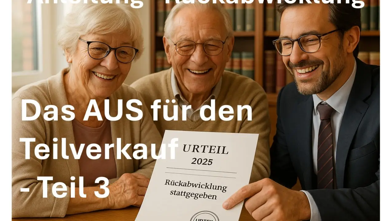 Senioren freuen sich mit Anwalt über Gerichtsurteil zur Rückabwicklung eines Teilverkaufsvertrags