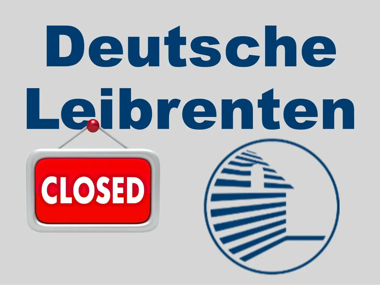 Logo der Deutschen Leibrenten mit Schild ‚Closed‘ – Symbol für das Ende des Unternehmens, Übernahme und Erfahrungen von Senioren