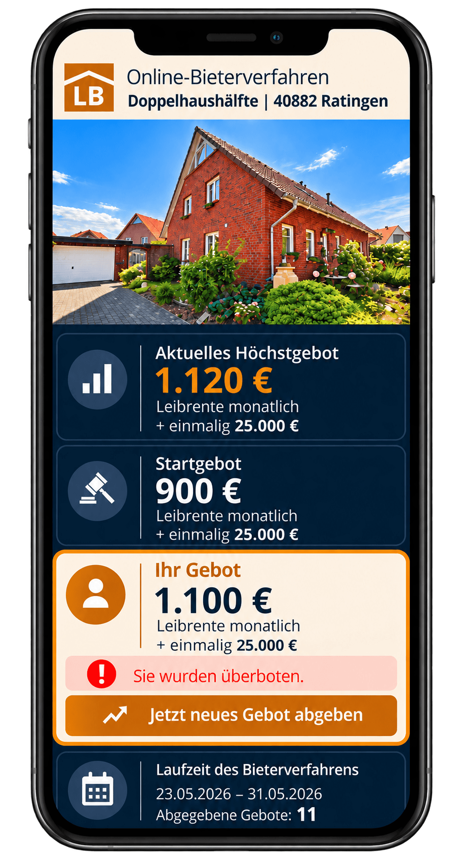 Online-Bieterverfahren der LEIBRENTEN-BOERSE mit mehreren Angeboten für eine Immobilienverrentung