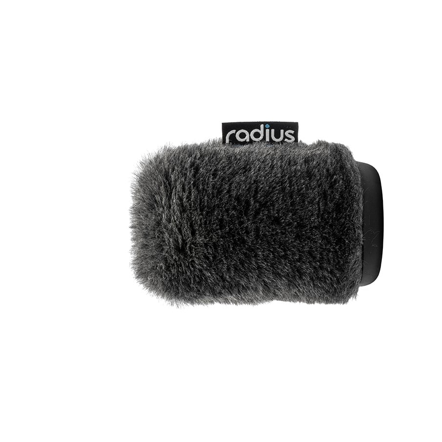 Grey synthetic fur windshield for short shotgun microphones on white background