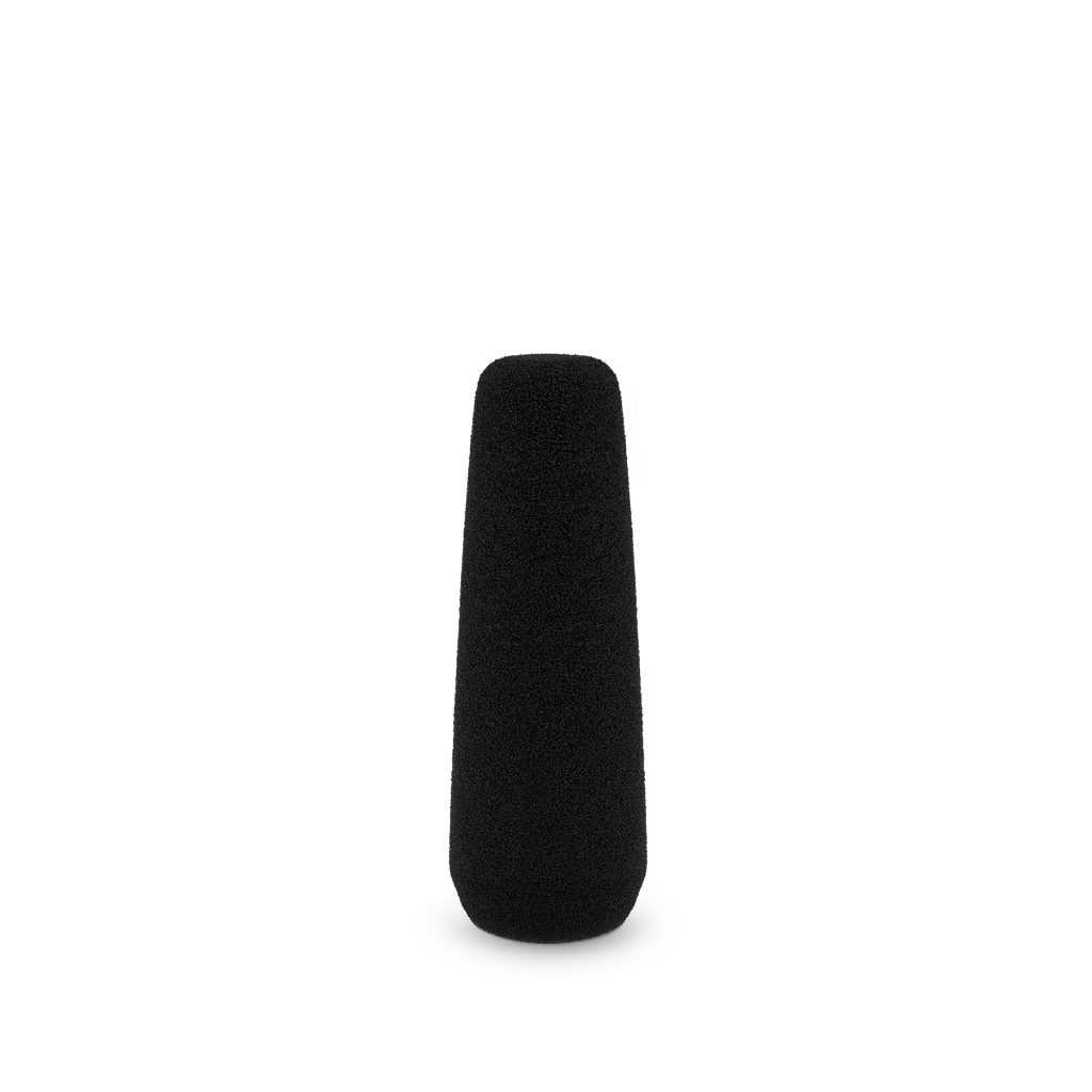 Foam windshield installed on shotgun microphone showing tapered design